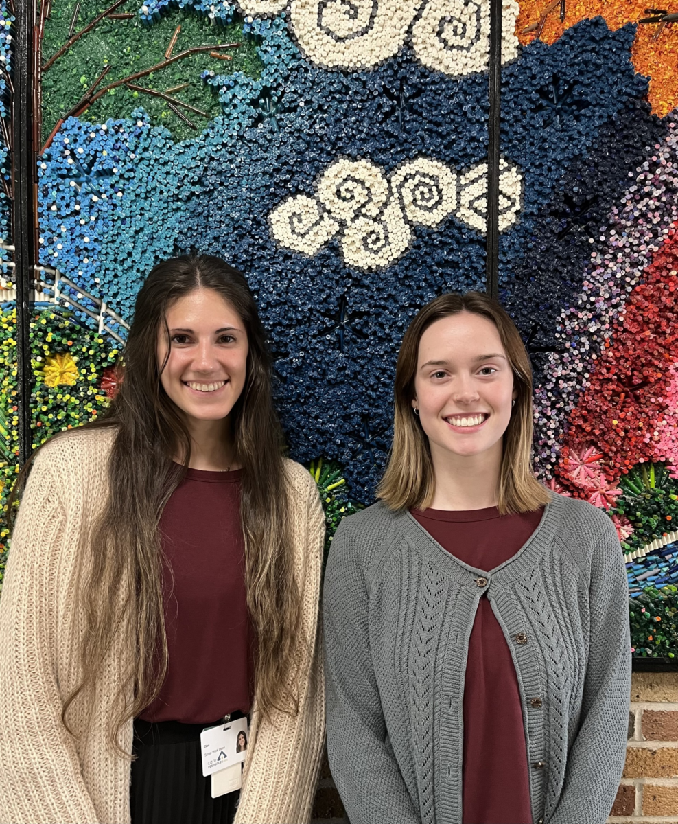 Social Work Interns Elise and Kate smiling in front of a colorful art piece at the day center